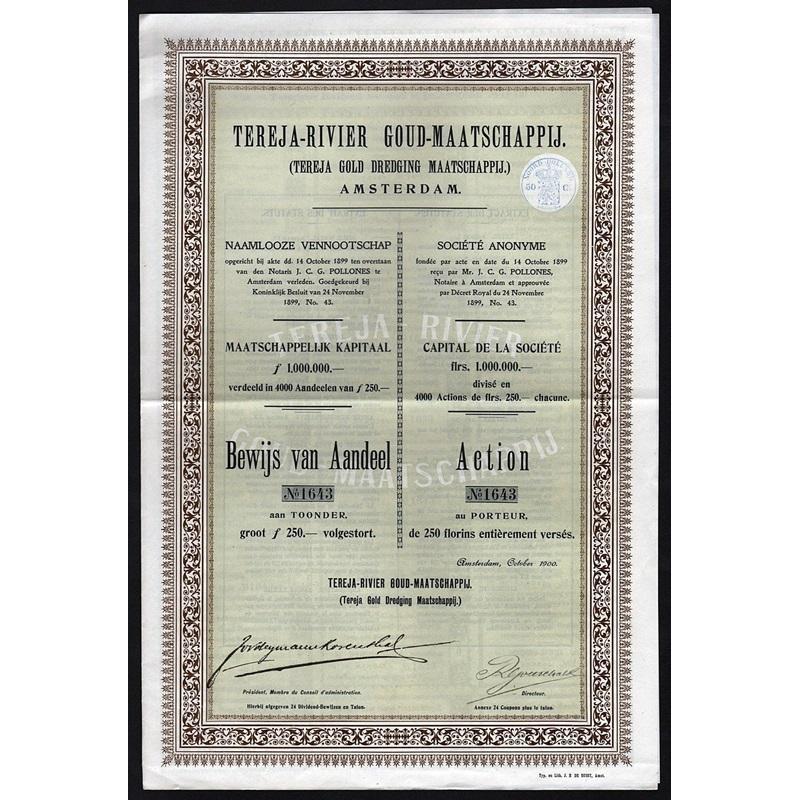 Tereja-Rivier Goud-Maatschappij (Tereja Gold Dredging Maatschappij) Stock Certificate