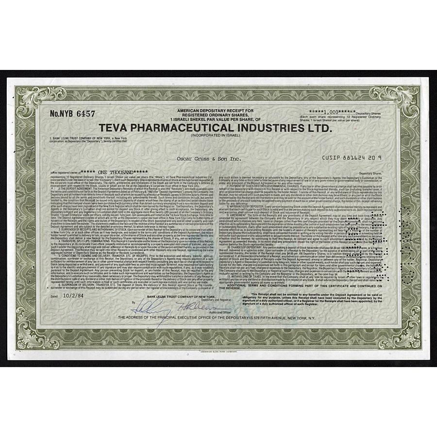Teva Pharmaceutical Industries Ltd. Stock Certificate