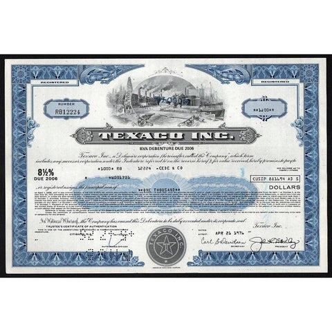 Texaco Inc. Stock Bond Certificate Debenture