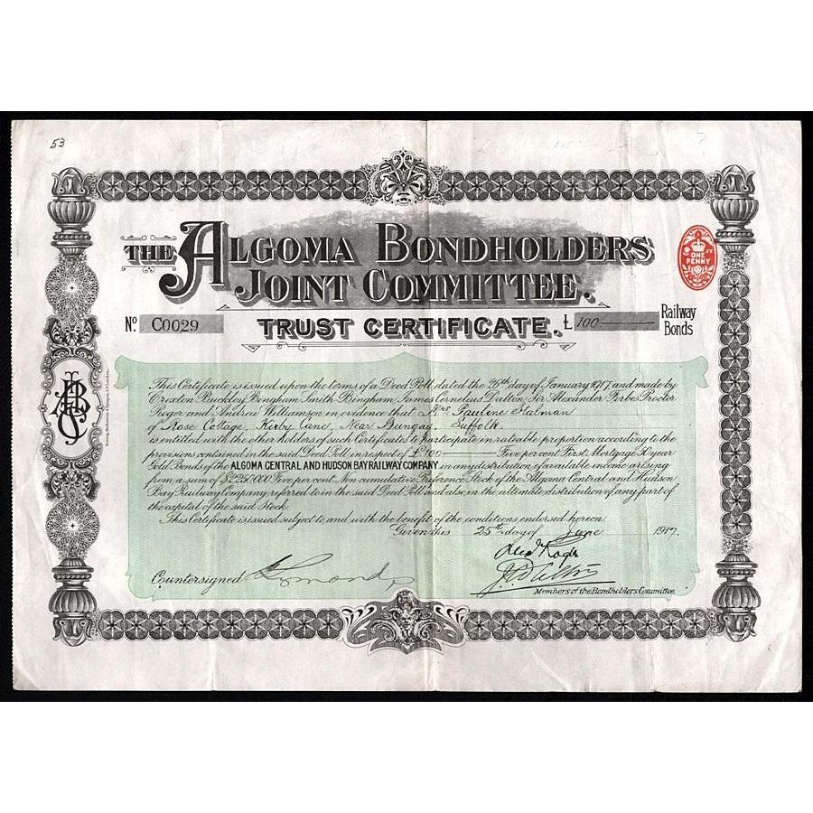 The Algoma Bondholders Joint Committee of the Algoma Central and Hudson Bay Railway Company Stock Certificate