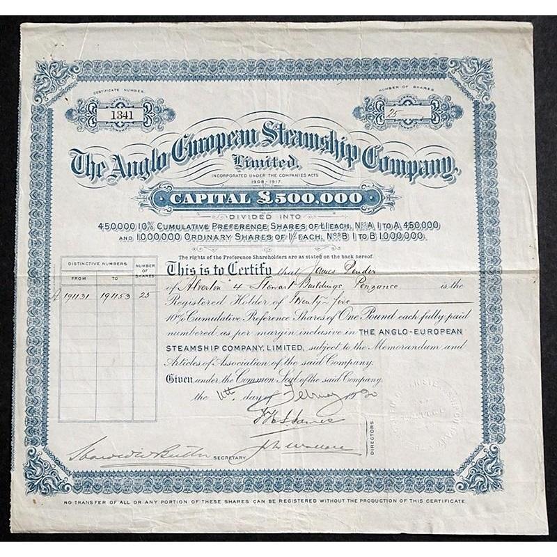 The Anglo-European Steamship Company, Limited Stock Certificate