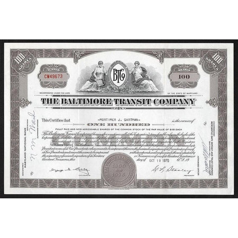 The Baltimore Transit Company Stock Certificate