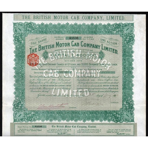 The British Motor Cab Company, Limited Stock Certificate