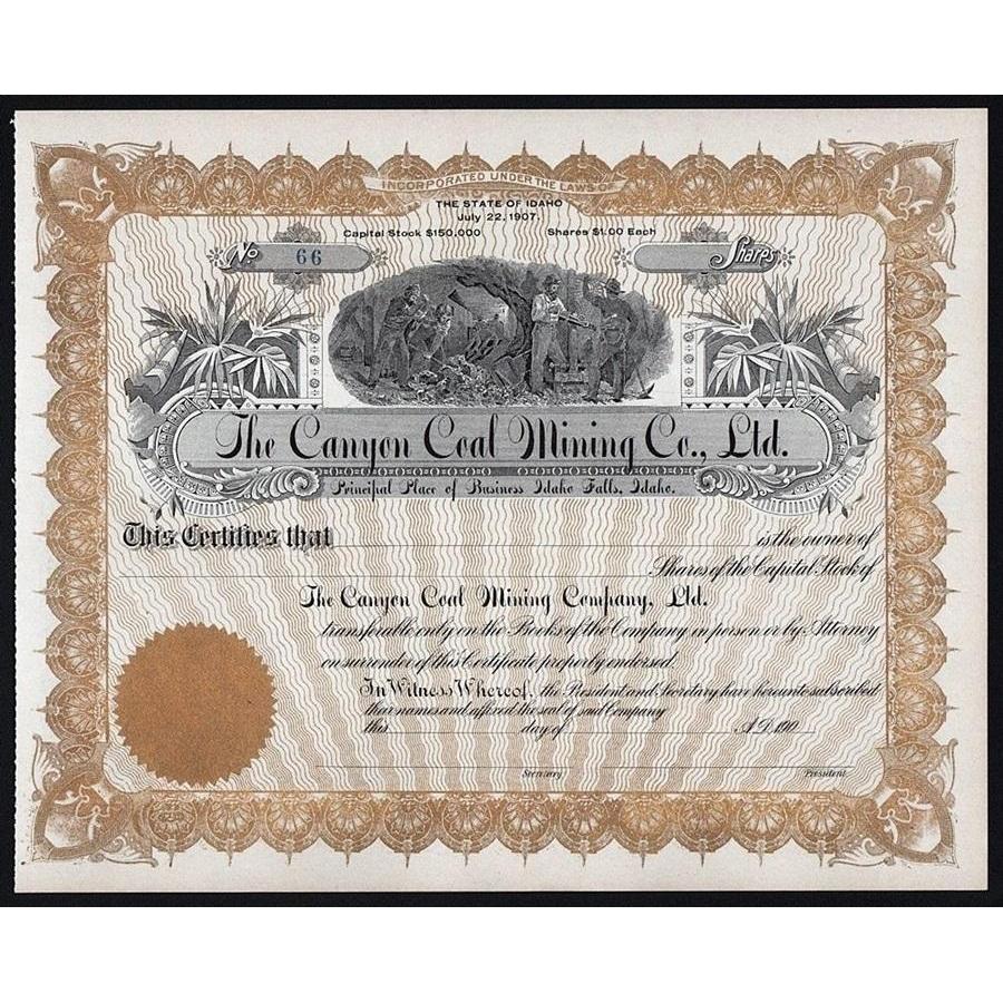 The Canyon Coal Mining Company, Ltd. Stock Certificate