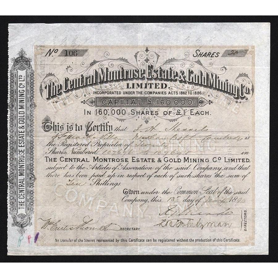 The Central Montrose Estate & Gold Mining Co. Limited Stock Certificate