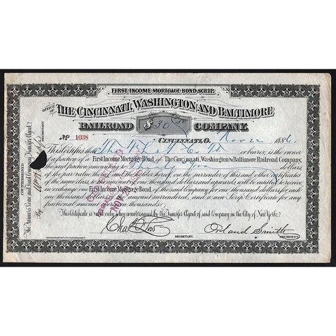 The Cincinnati, Washington and Baltimore Railroad Company Stock Certificate