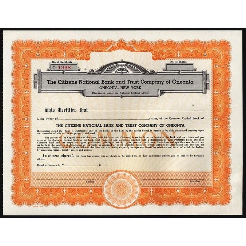 The Citizens National Bank and Trust Company of Oneonta Stock Certificate