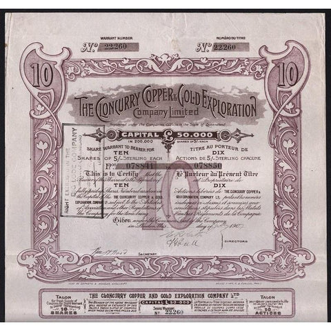 The Cloncurry Copper & Gold Exploration Company Limited Stock Certificate