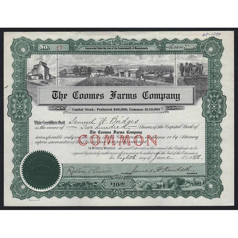 The Coomes Farms Company Stock Certificate