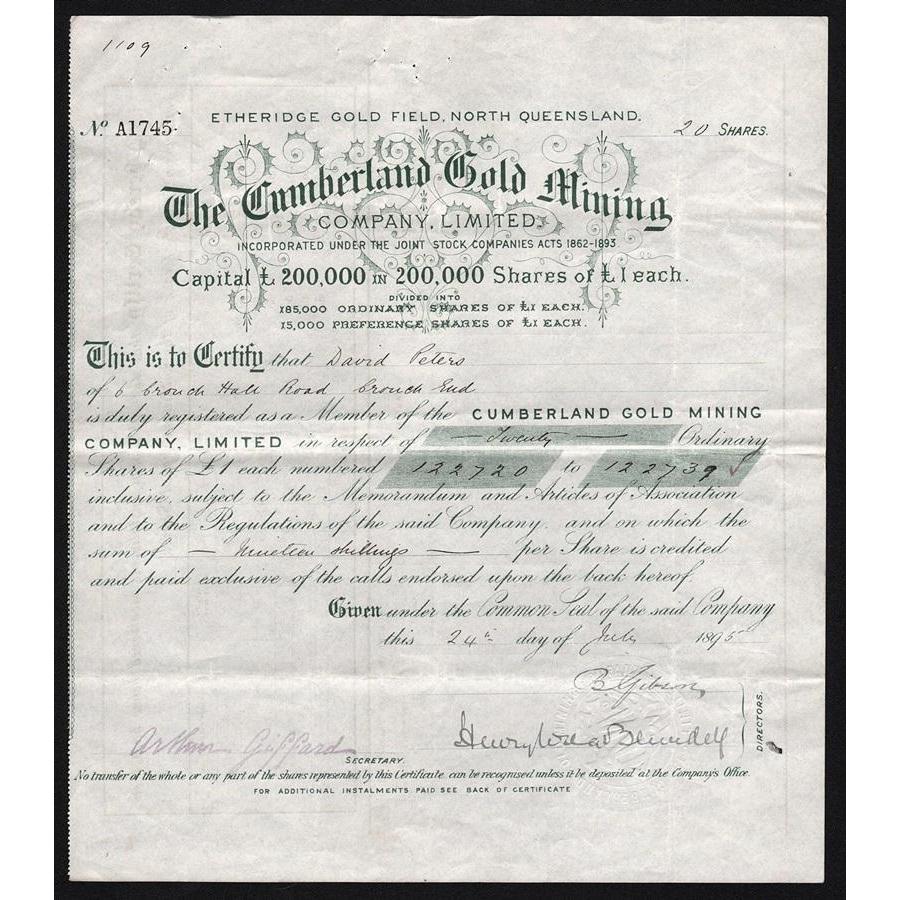 The Cumberland Gold Mining Company, Limited (Etheridge Gold Field, North Queensland) Stock Certificate