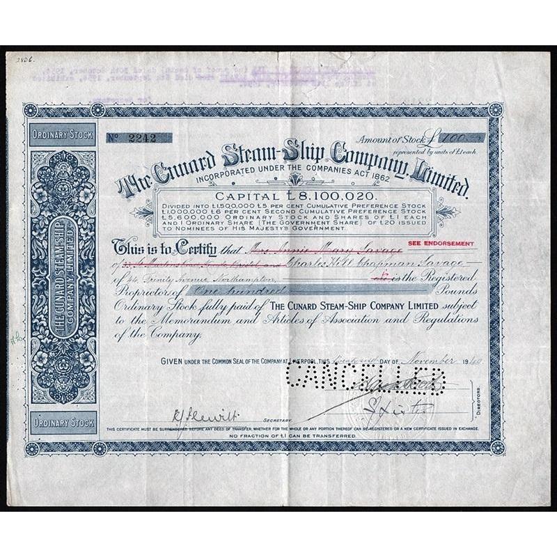 The Cunard Steam-Ship Company Limited Stock Certificate