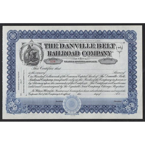 The Danville Belt Railroad Company Stock Certificate