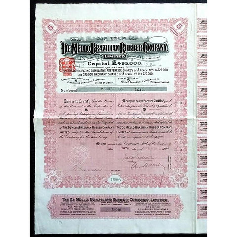 The De Mello Brazilian Rubber Company, Limited Stock Certificate