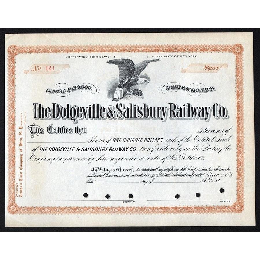 The Dolgeville & Salisbury Railway Co. Stock Certificate
