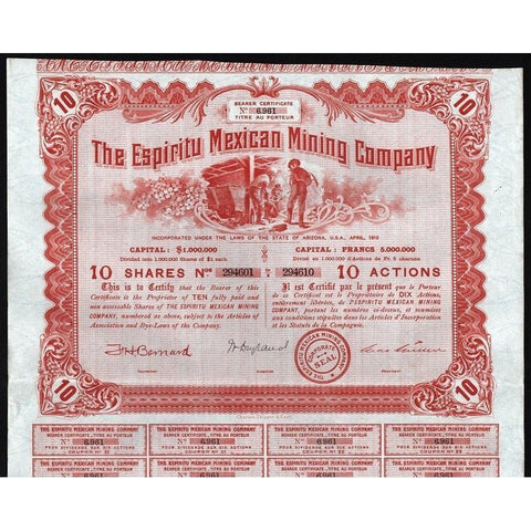 The Espiritu Mexican Mining Company Stock Certificate