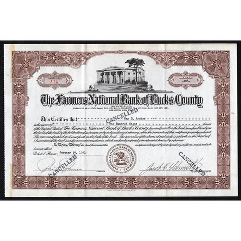 The Farmers National Bank of Bucks County (Bristol, PA) Stock Certificate