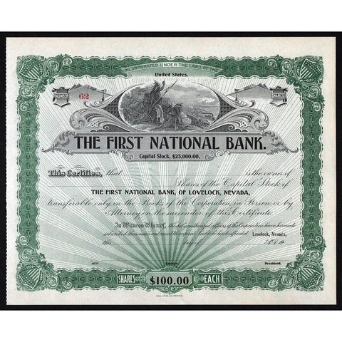 The First National Bank, of Lovelock, Nevada Stock Certificate