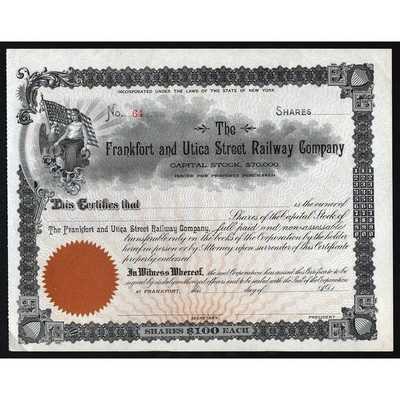The Frankfort and Utica Street Railway Company Stock Certificate