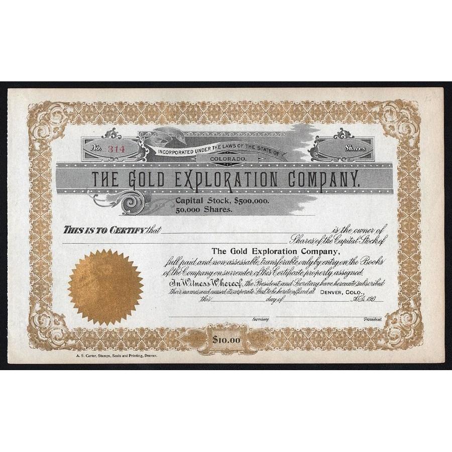 The Gold Exploration Company Stock Certificate