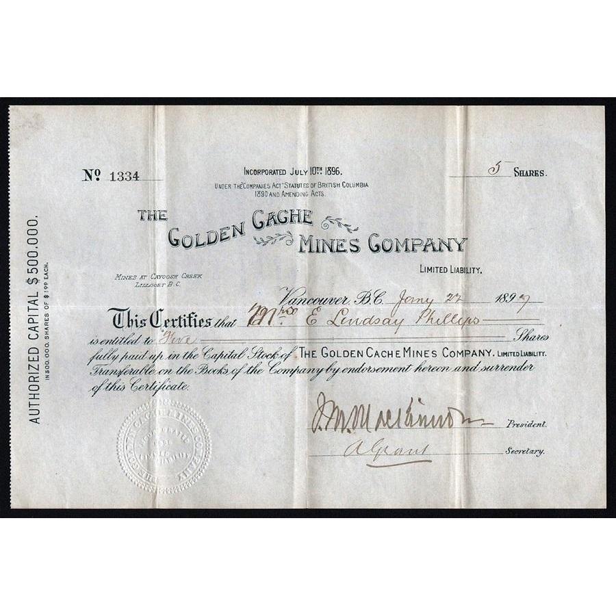 The Golden Cache Mines Company Stock Certificate