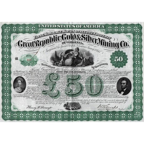 The Great Republic Gold & Silver Mining Co. of Virginia 1867 Stock Certificate