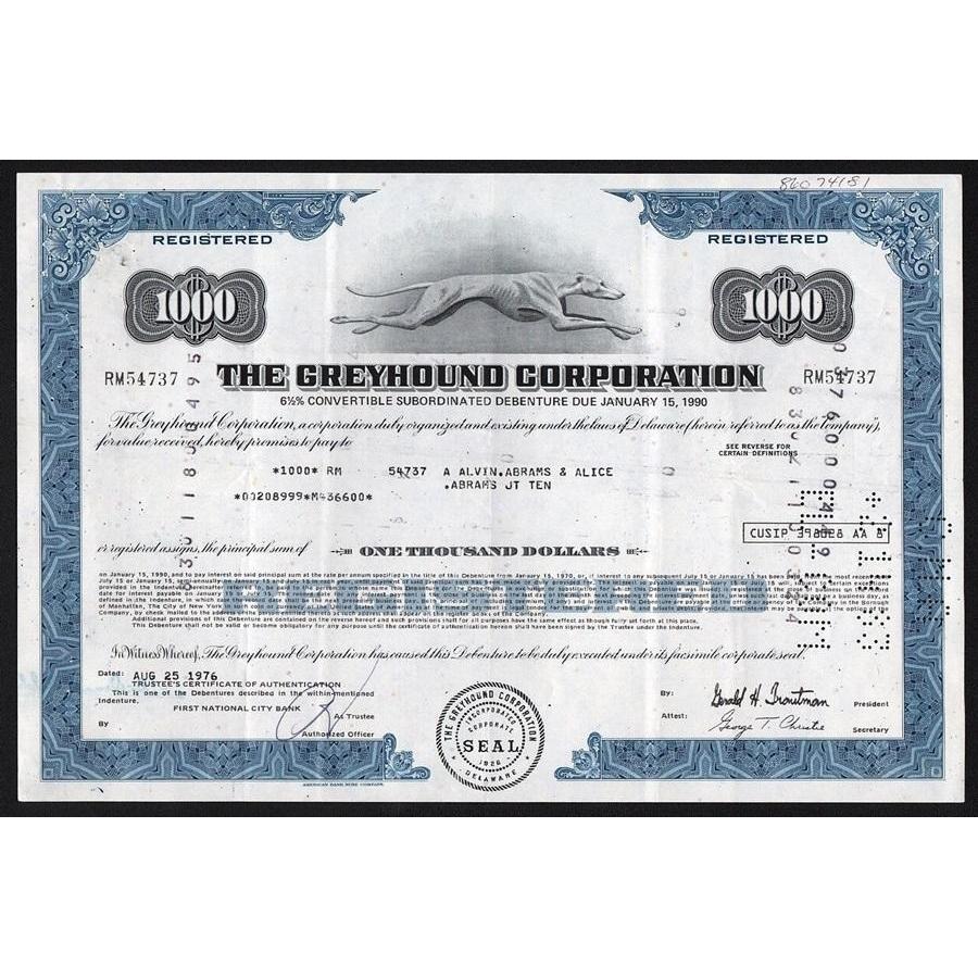 The Greyhound Corporation Stock Bond Certificate