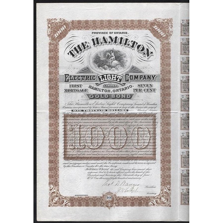 The Hamilton Electric Light Company Limited, Hamilton, Ontario Stock Certificate