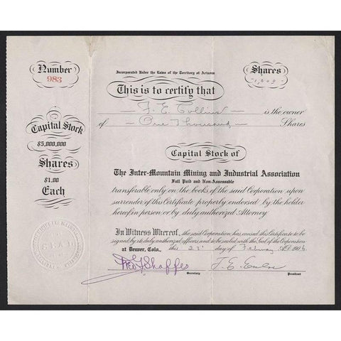 The Inter-Mountain Mining and Industrial Association Stock Certificate