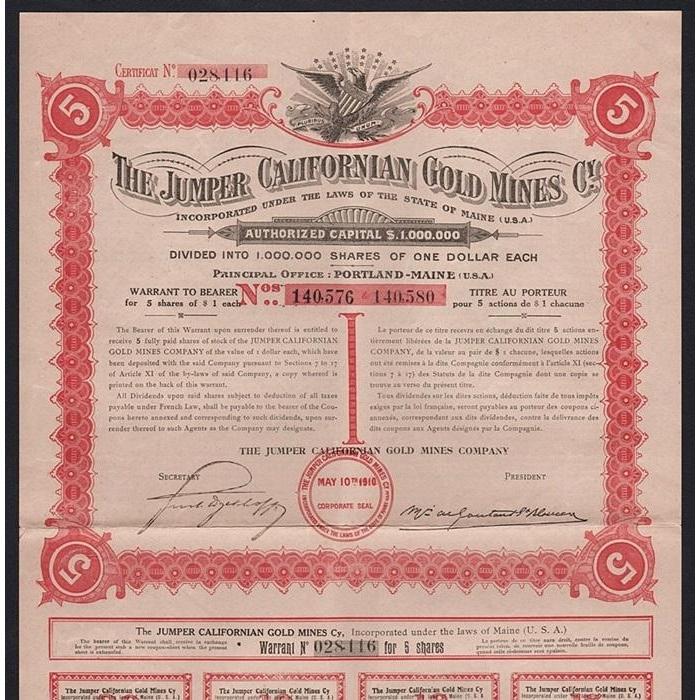 The Jumper Californian Gold Mines Cy. Stock Certificate