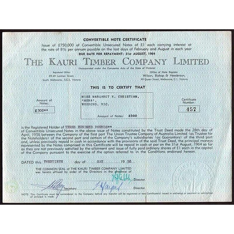 The Kauri Timber Company Limited Stock Certificate