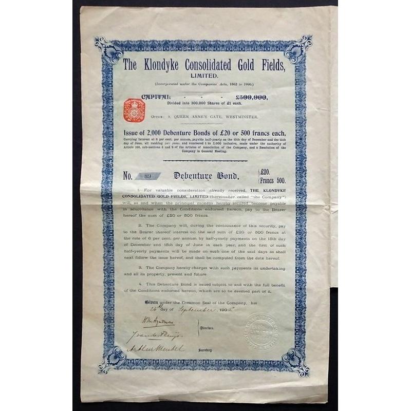 The Klondyke Consolidated Gold Fields, Limited Stock Certificate