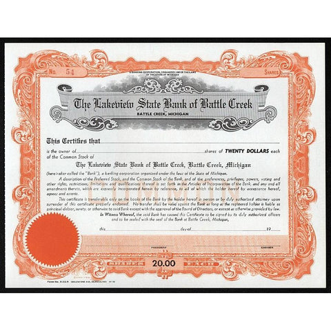 The Lakeview State Bank of Battle Creek (Battle Creek, Michigan) Stock Certificate
