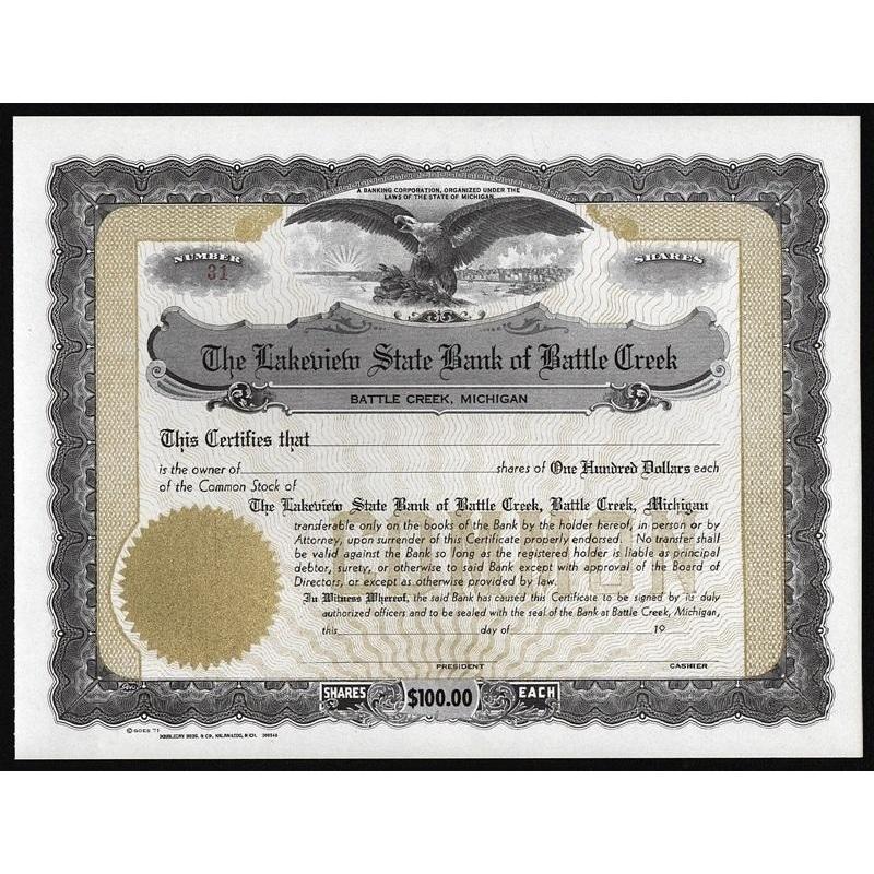 The Lakeview State Bank of Battle Creek Stock Certificate