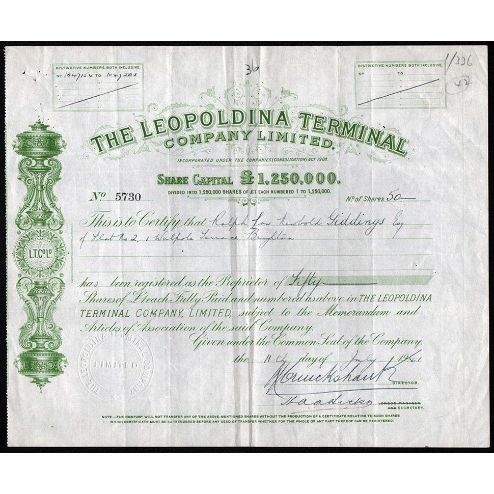 The Leopoldina Terminal Company Stock Certificate