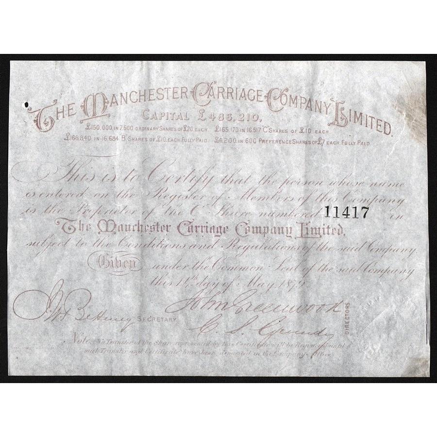 The Manchester Carriage Company Limited Stock Certificate