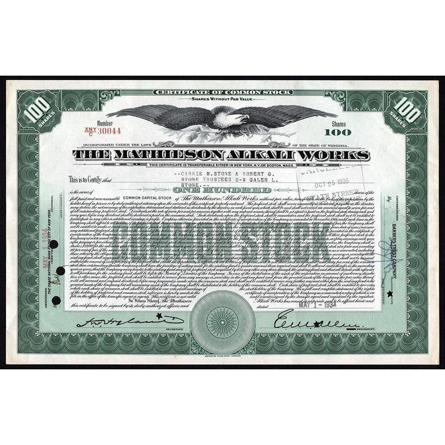The Mathieson Alkali Works Stock Certificate