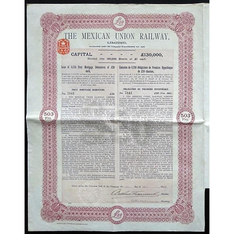The Mexican Union Railway, Limited Stock Certificate