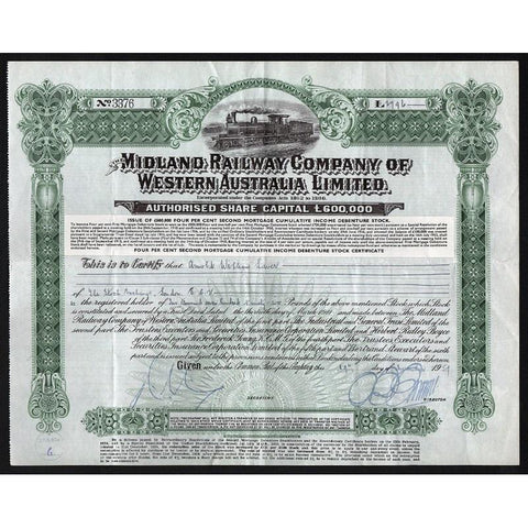 The Midland Railway Company of Western Australia - £2796 Debenture Stock Certificate