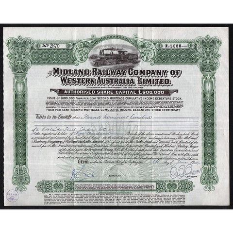 The Midland Railway Company of Western Australia - £5000 Debenture Stock Certificate