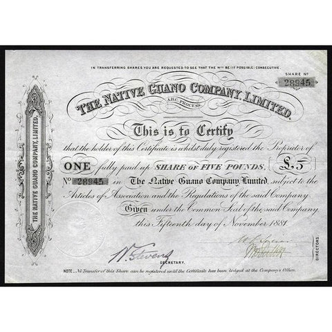 The Native Guano Company, Limited Stock Certificate