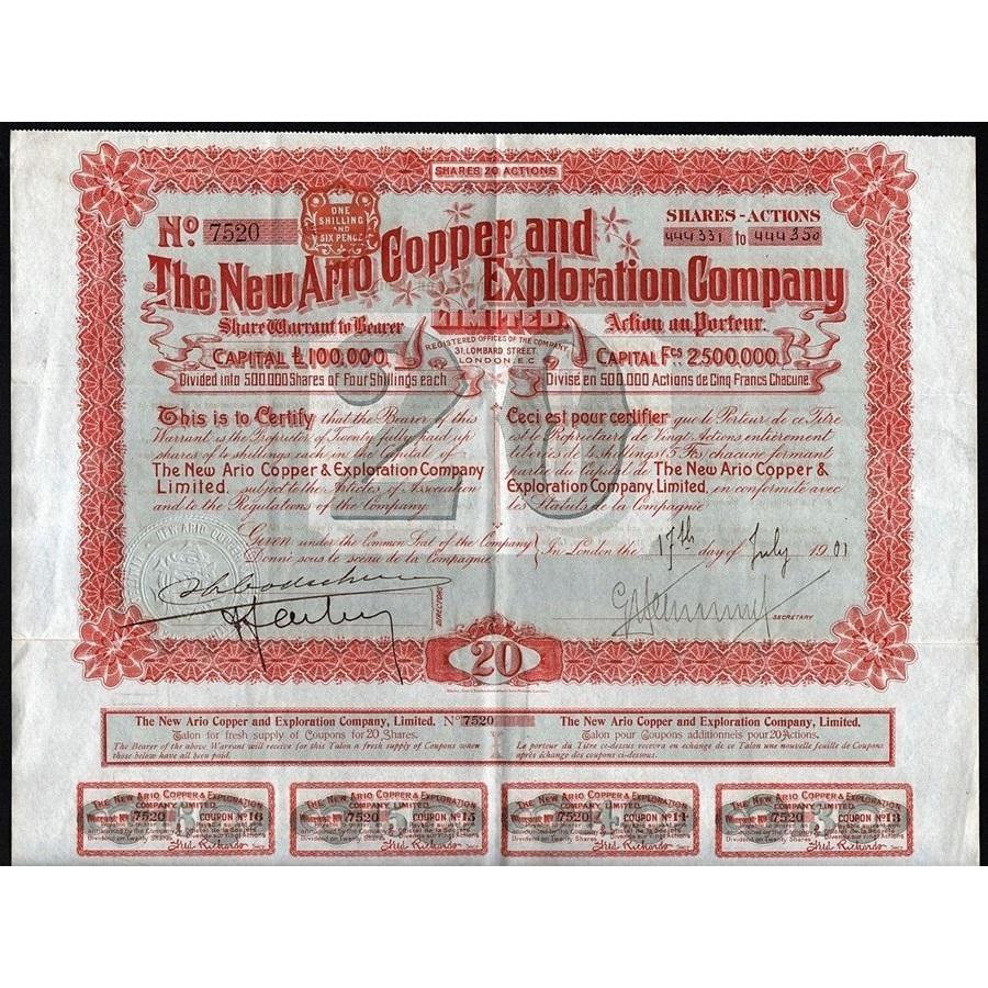 The New Ario Copper and Exploration Company Limited 1901 South Africa Stock Certificate