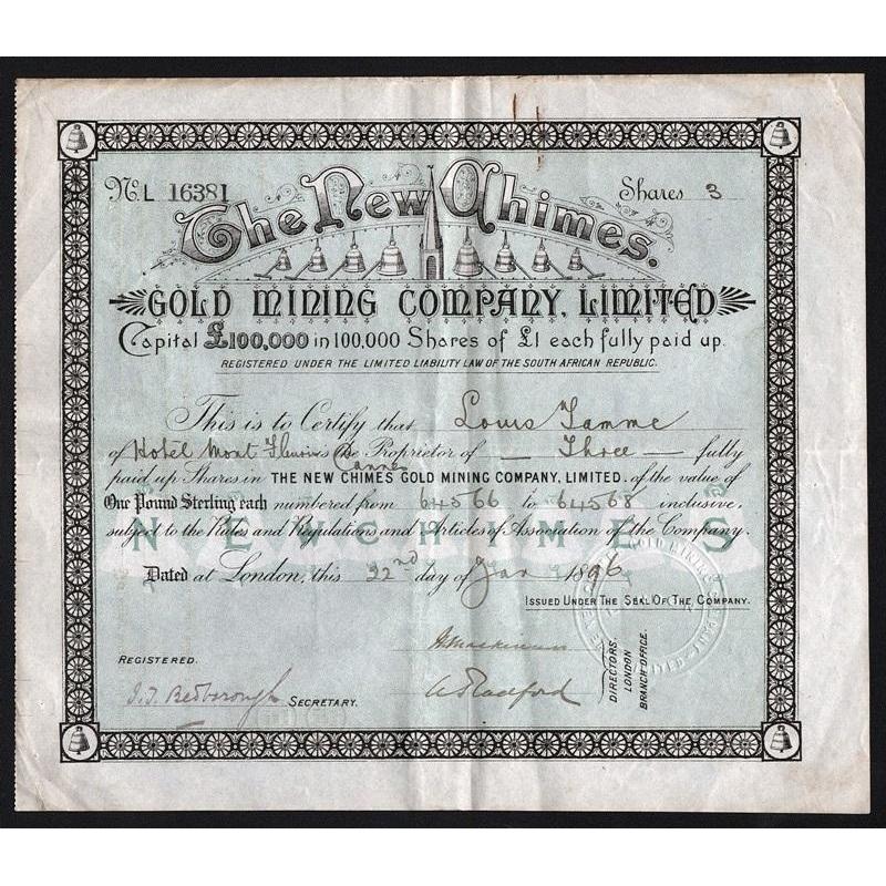 The New Chimes Gold Mining Company, Limited Stock Certificate