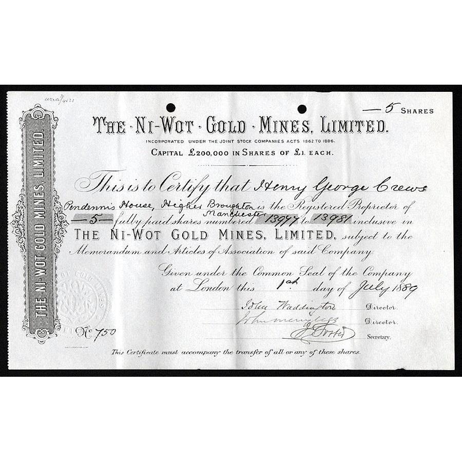 The Ni-Wot Gold Mines, Limited Stock Certificate