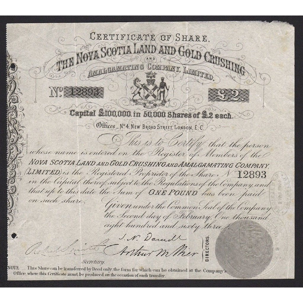 The Nova Scotia Land and Gold Crushing and Amalgamating Company, Limited Stock Certificate