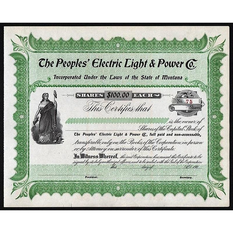 The Peoples' Electric Light & Power Co. Stock Certificate