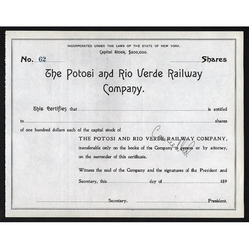 The Potosi and Rio Verde Railway Company Stock Certificate