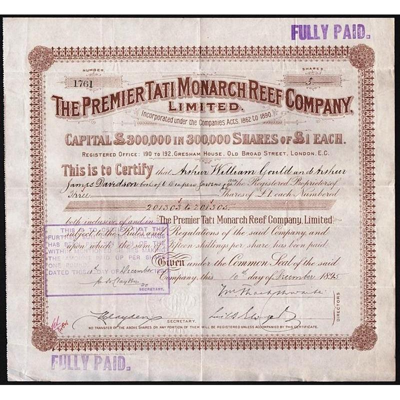 The Premier Tati Monarch Reef Company, Limited Stock Certificate