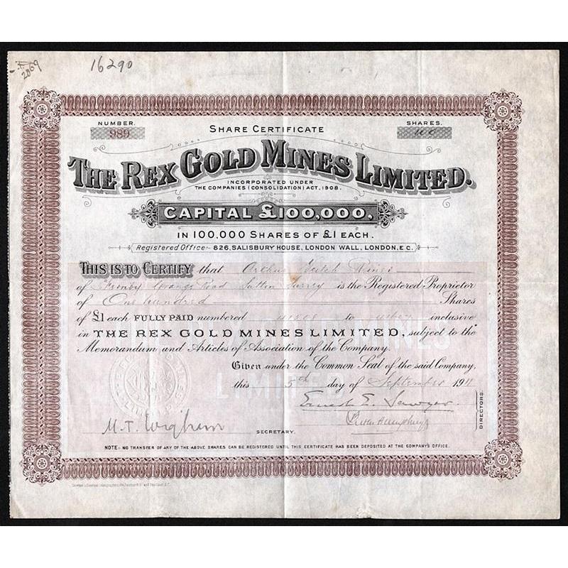 The Rex Gold Mines Limited (Elko County, Nevada) 1911 Stock Certificate