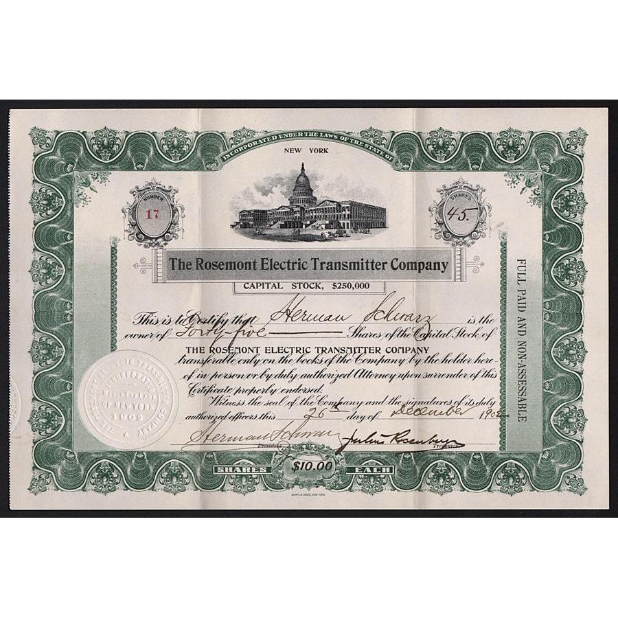 The Rosemont Electric Transmitter Company Stock Certificate