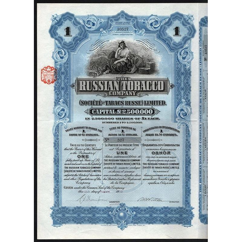 The Russian Tobacco Company, (Societe de Tabacs Russe) Limited Stock Certificate